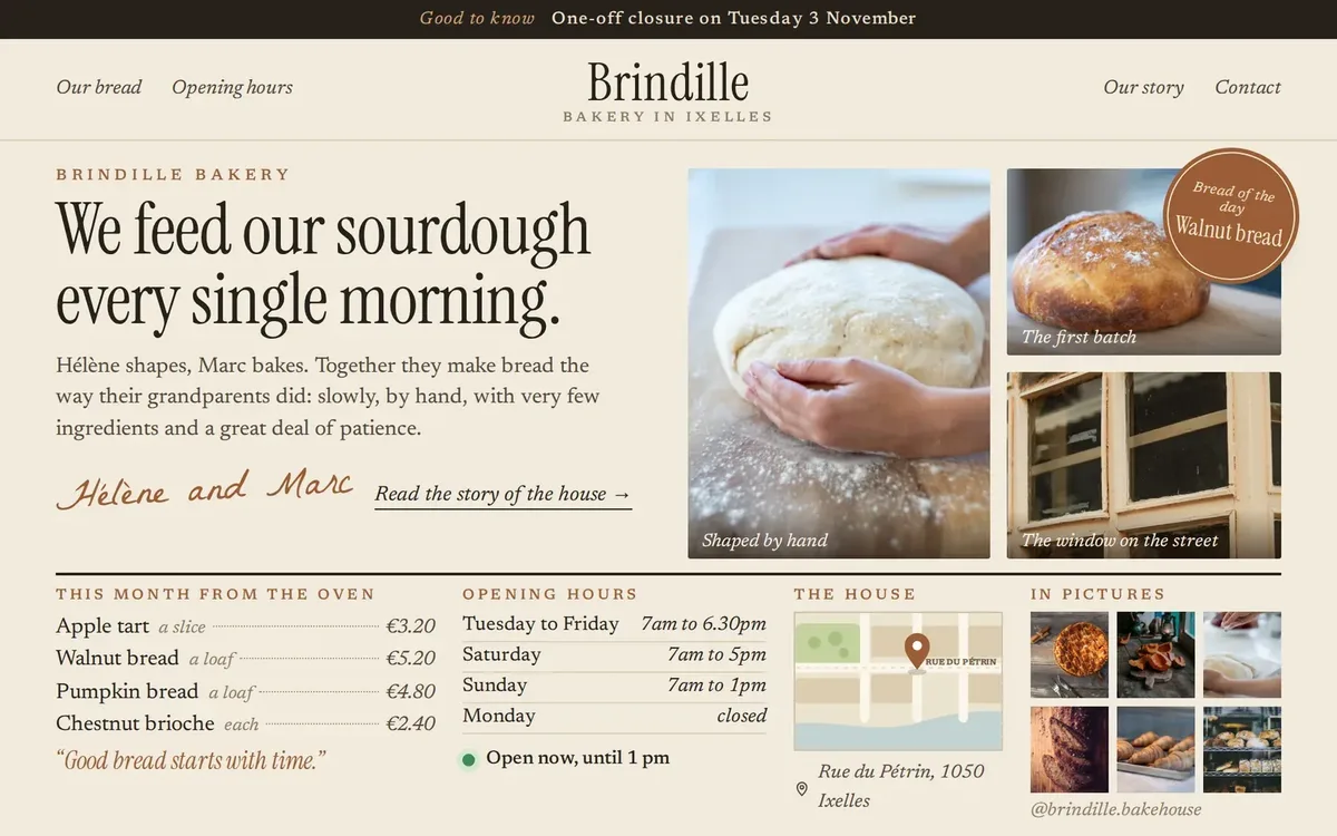 Example: third design, built around the bakery's story and portraits of the bakers